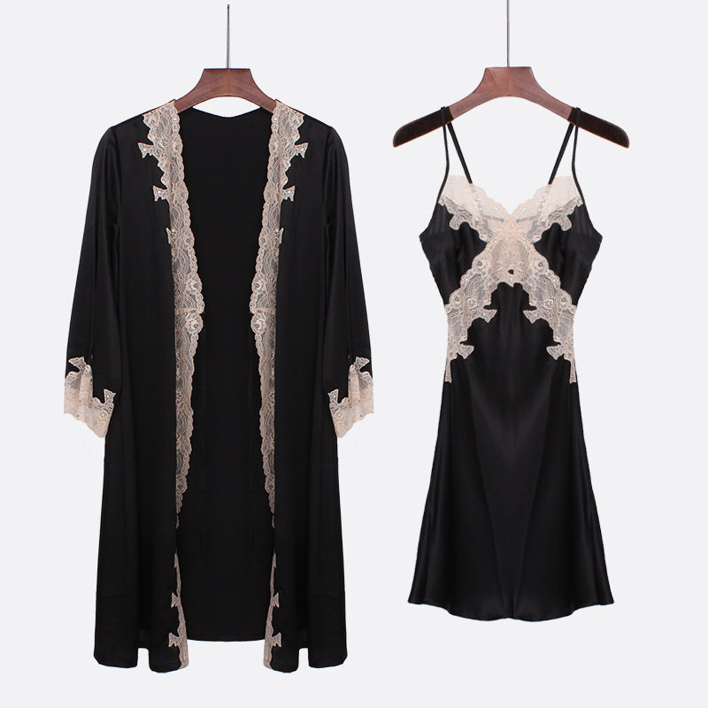 真丝性感睡衣女睡袍裙桑蚕丝真丝睡衣重磅两件套红色黑蓝家居服