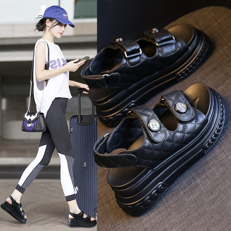 凉鞋女夏2024年松糕坡跟时装搭扣运动中跟女鞋魔术贴设计增高防滑