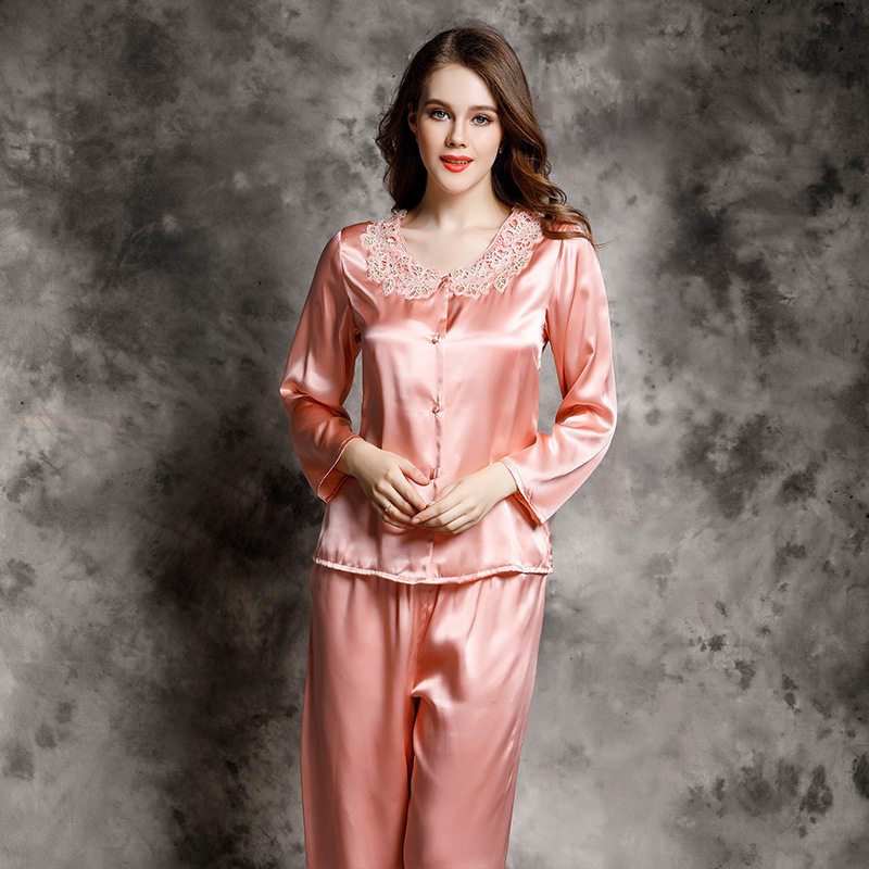 春秋100%真丝睡衣女夏季两件套桑蚕丝蕾丝家居服丝绸长袖分体套装