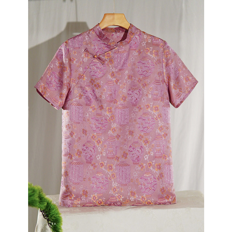 100桑蚕丝真丝宋锦新中式上衣女高级感国风短袖衬衫2026夏季新款