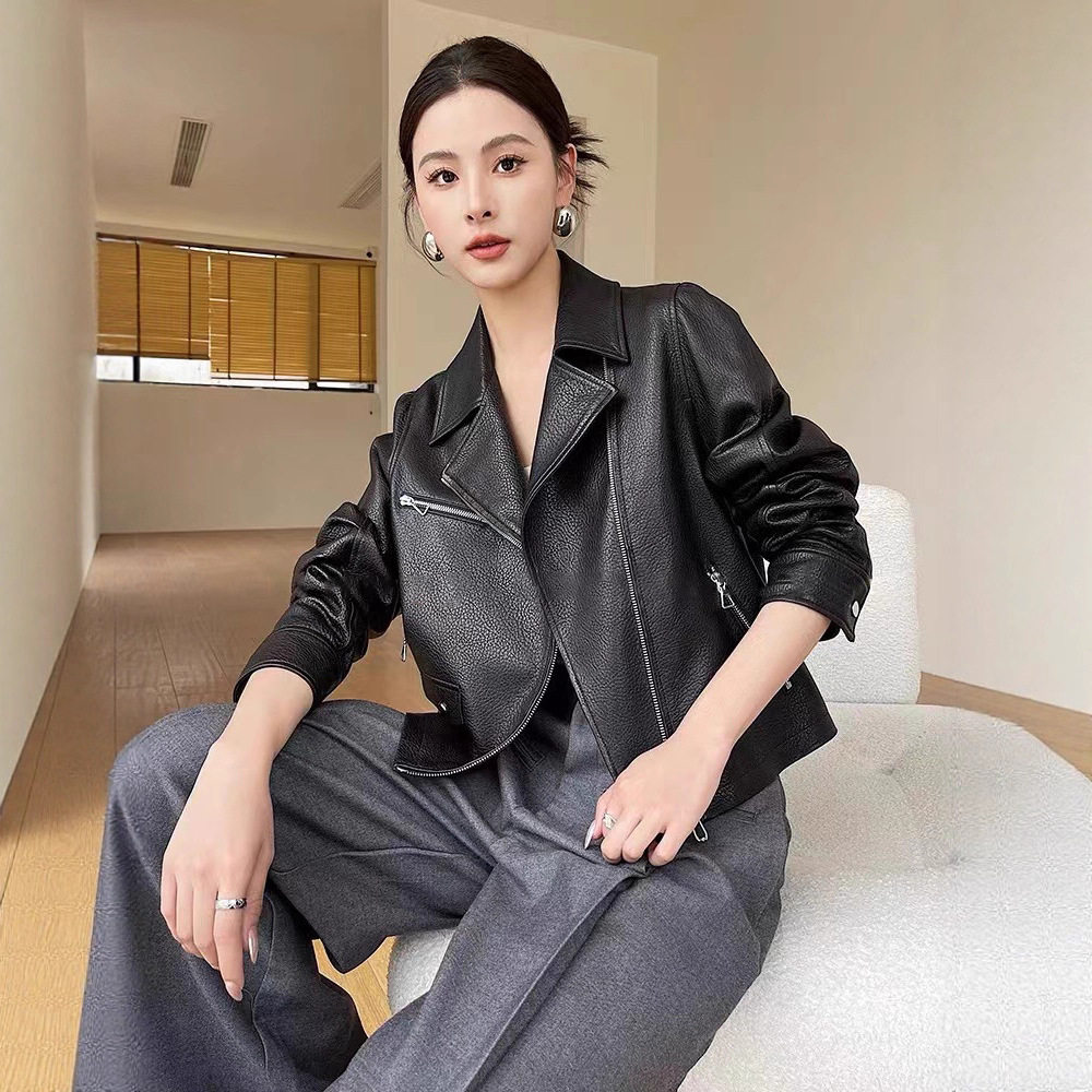 春秋新款真皮荔枝纹绵羊皮皮衣女装短款时尚机车服外套通勤