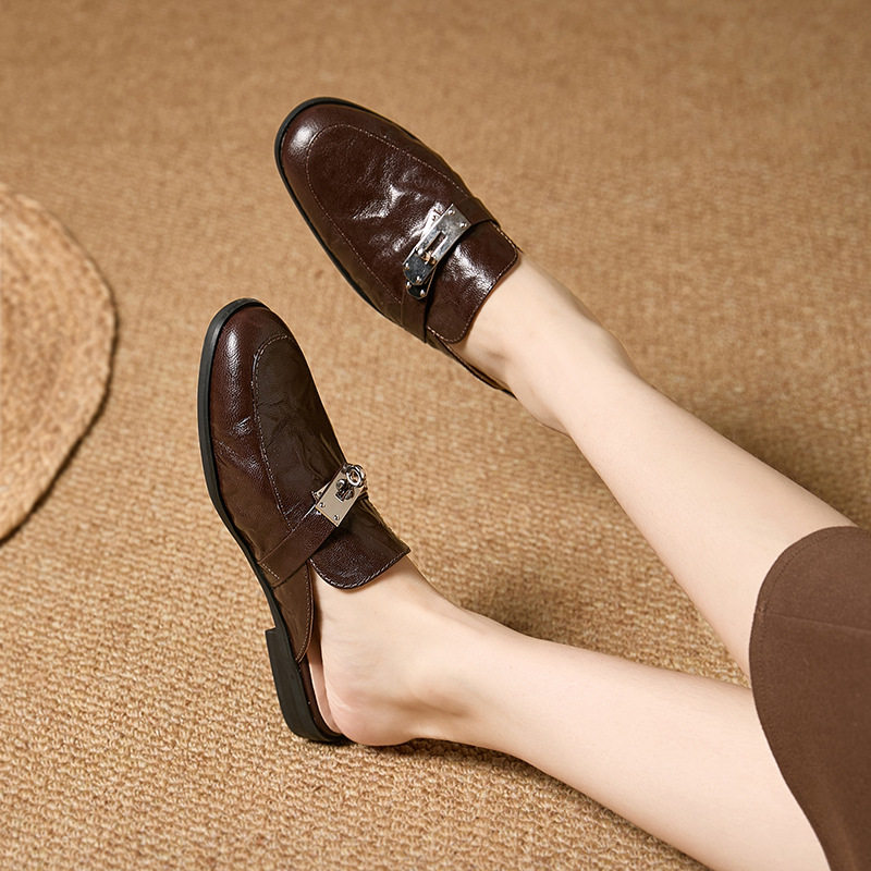 slippers包头拖鞋女外穿春夏新款里外全皮半拖鞋羊皮垫英伦风凉拖