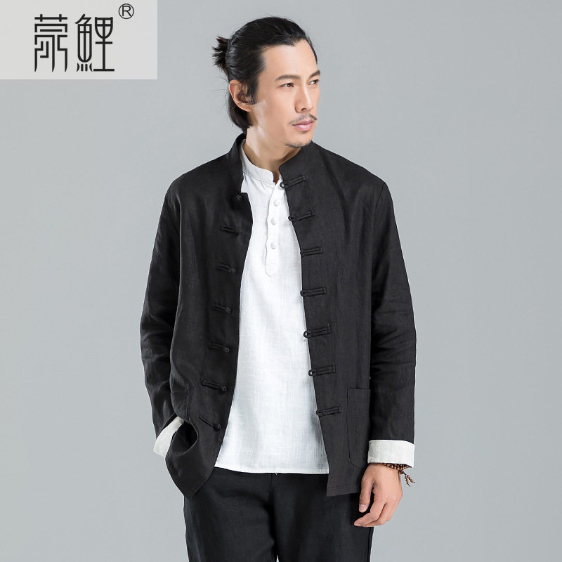 中国风外套男古风春秋男式衬衫长裤99%亚麻男装唐装套装2件套复古