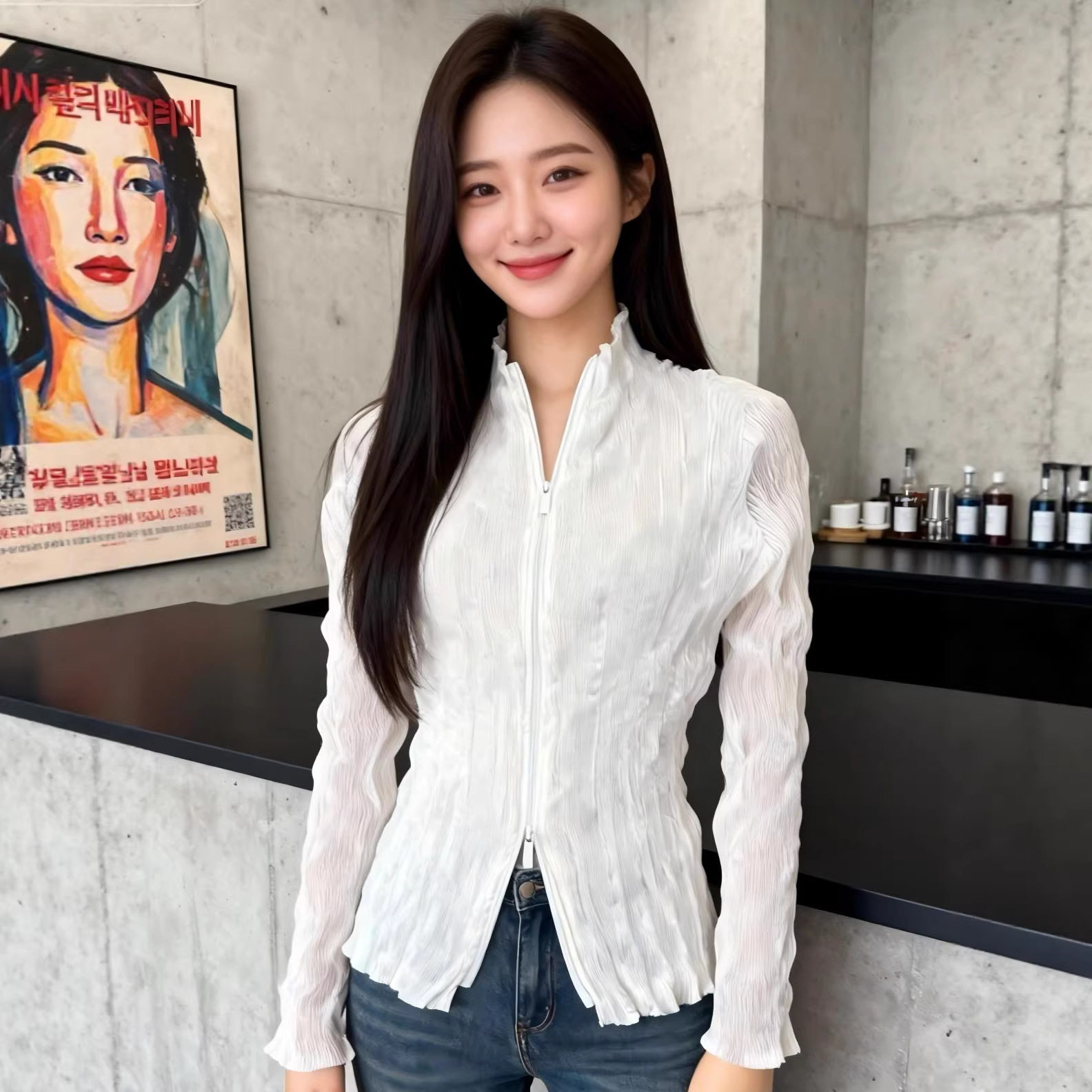 日系柳条褶皱轻透高弹显瘦双头拉链长袖短款叠穿开衫长袖衬衫女