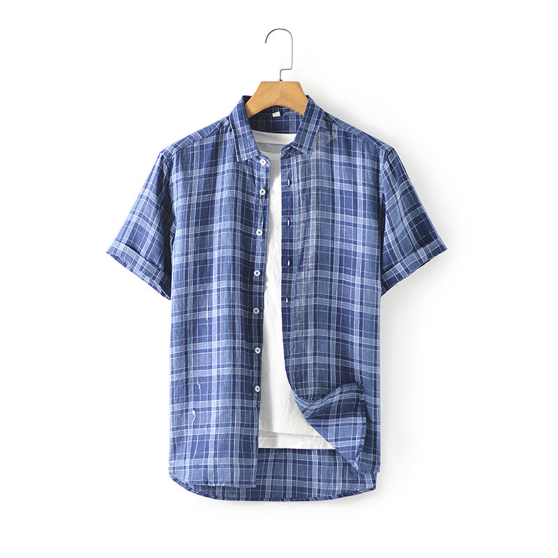 2024亚麻男装 休闲亚麻衬衫翻领格子短袖 日常透气上衣C070