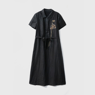 真丝香云纱龟纹翻领连衣裙女重工钉珠100桑蚕丝短袖收腰裙夏新款