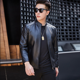 休闲头层牛皮中年款 立领款 皮夹克外套纯牛皮商务绅士 男装 皮衣修身