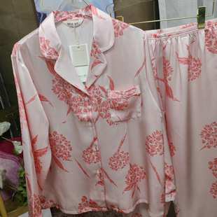 新年实用的礼物重磅真丝睡衣粉色绣球LP印花长袖长裤套装家居服