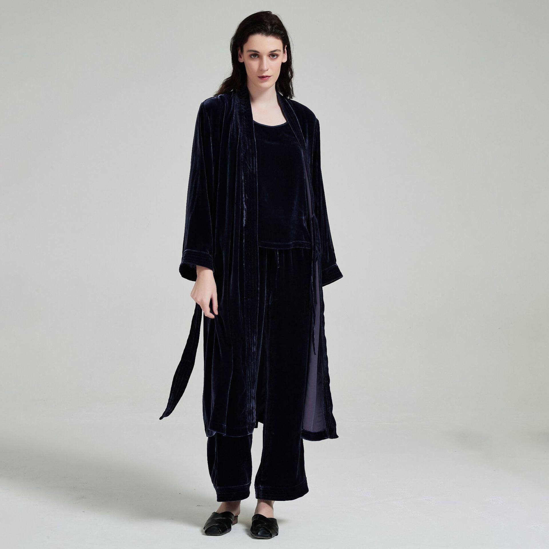 新品春季真丝绒面睡衣女纯色优雅气质长款睡袍家居服真丝睡袍单件