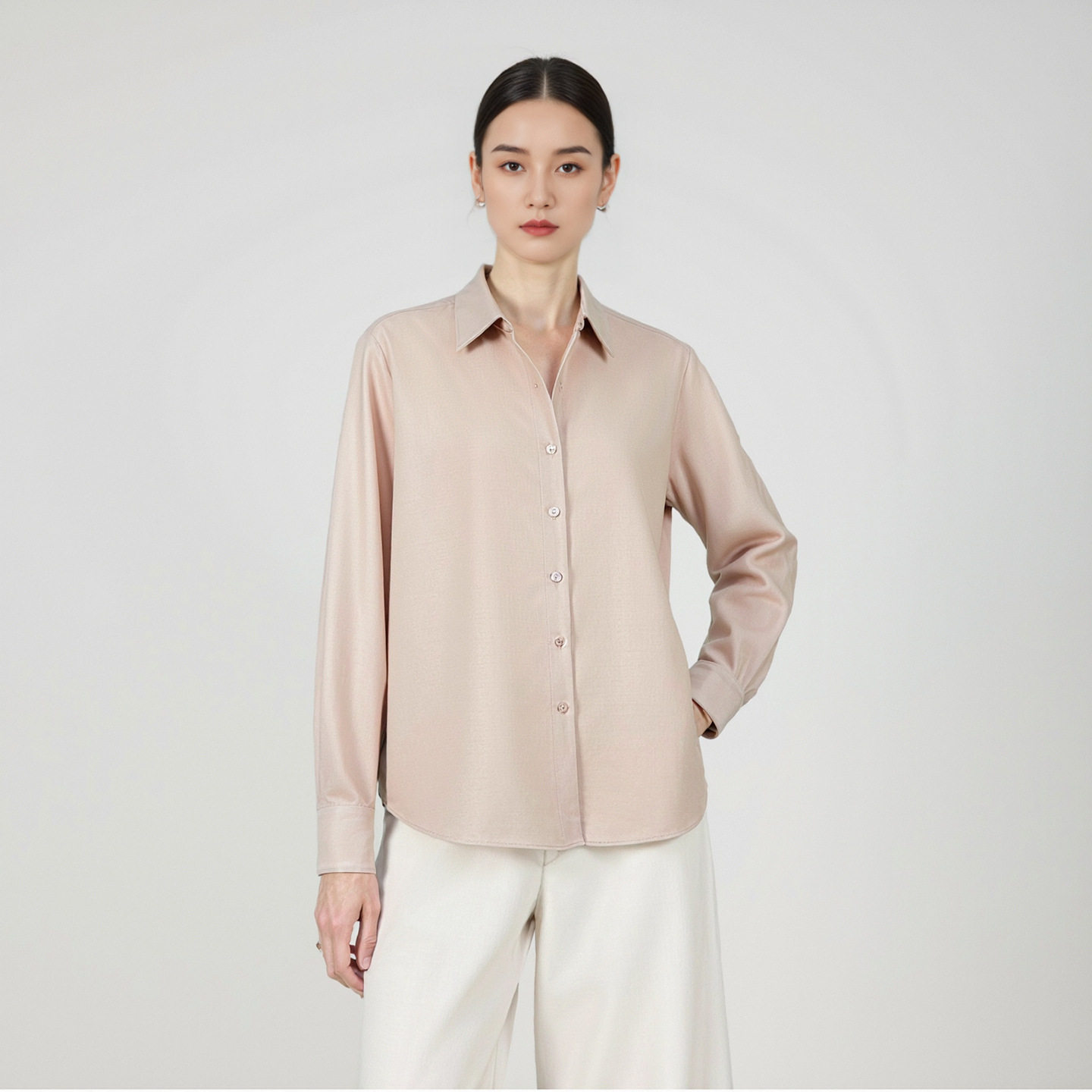 秋季新款绵羊毛衬衫女中性长袖老钱风复古翻领衬衣显瘦通勤女装