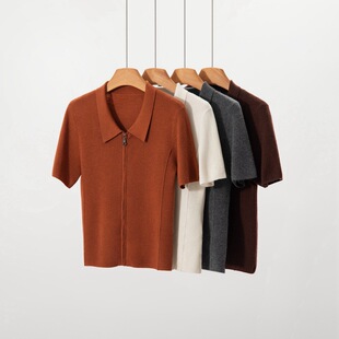 精纺羊绒短袖女100纯山羊绒针织三分袖翻领T恤秋冬新款显瘦抽条衫