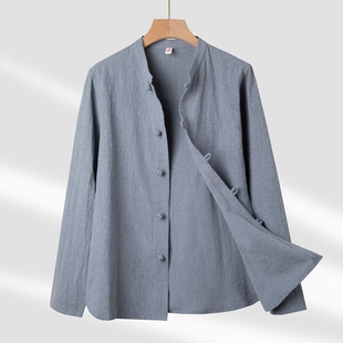 棉麻新中式 衬衫 上衣龟纹提花休闲盘扣开衫 男式 2025 中国风唐装 新款