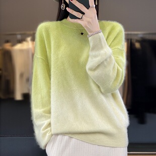 秋冬新款100纯山羊绒圆领女士渐变色拉绒设计感慵懒风套头毛衣潮
