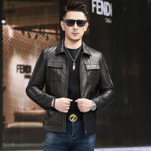 海宁皮衣翻领男士 薄外套 机车休闲皮夹克真皮潮流春秋多口袋单装