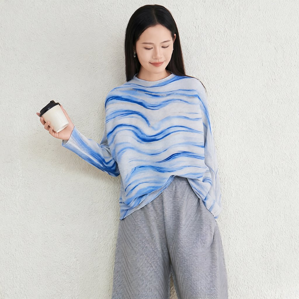 三宅水波纹气质褶皱上衣秋季新款松弛感印花宽松显瘦蝙蝠长袖t恤