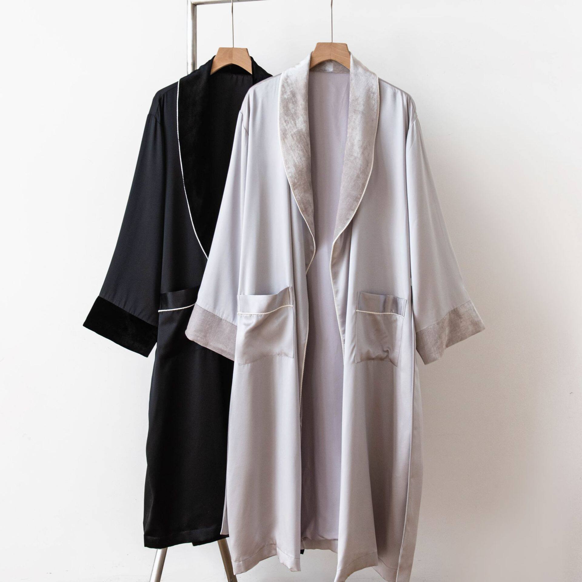 男士重磅真丝拼接丝绒双层睡袍春秋款桑蚕丝高级感丝绸长袖男女款