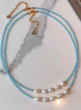 巴洛克异形淡水珍珠蓝色琉璃石项链女小众设计感水晶串珠锁骨配饰