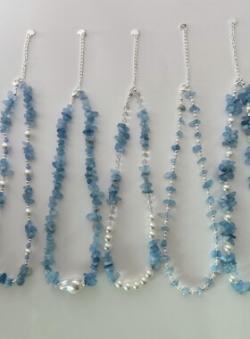 深邃海洋系列海蓝宝水晶串珠珍珠项链清新小众蓝色碎石不规则配饰