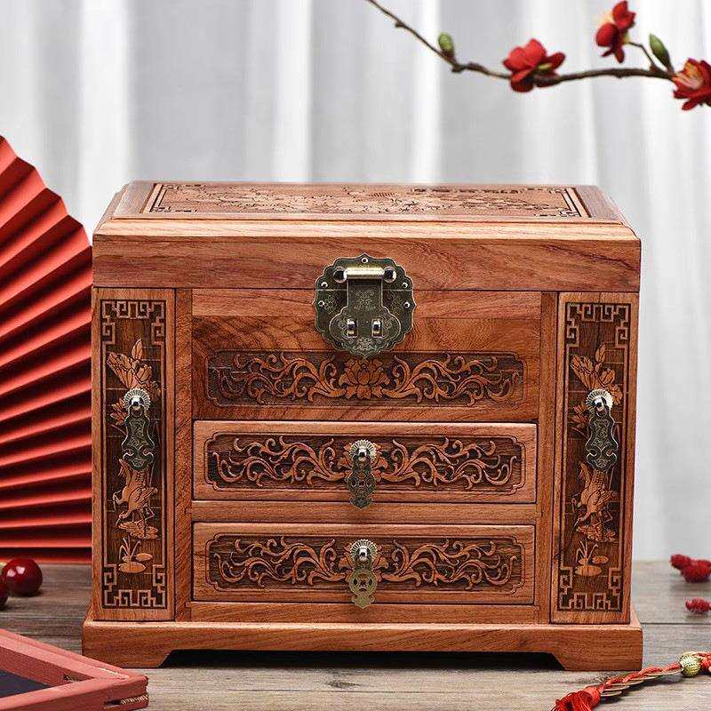 缅甸花梨木首饰盒复古新中式珠宝箱实木饰品收纳盒结婚陪嫁嫁妆箱