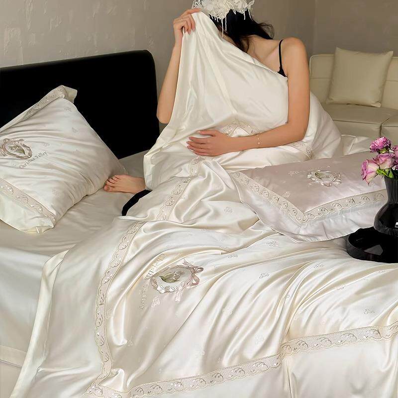 法式少女提花铃兰花刺绣100支贡缎长绒棉四件套全棉被单床笠床品