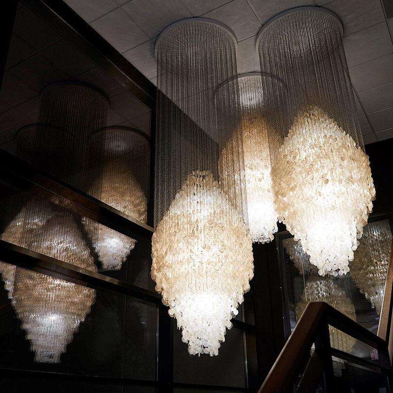 美式创意简约现客厅贝壳吊灯复式楼中空旋转楼梯间圆形灯具楼道