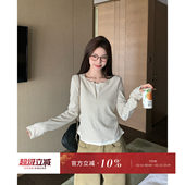 上衣 t恤女秋冬内搭打底短款 morning bloom韩系假两件条纹磨毛长袖