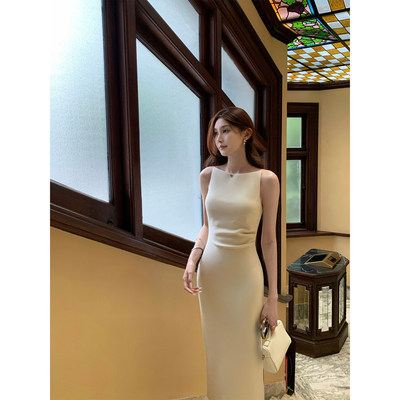 法式一字肩挂颈吊带修身