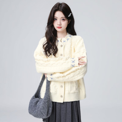 圆领麻花毛衣外套女秋冬2