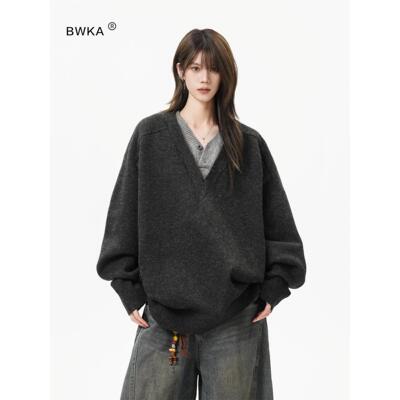 重磅假两件V领针织衫女男