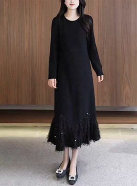 高级感亮片拼接黑色洋装女冬季新款气质减龄显瘦配大衣打底裙子
