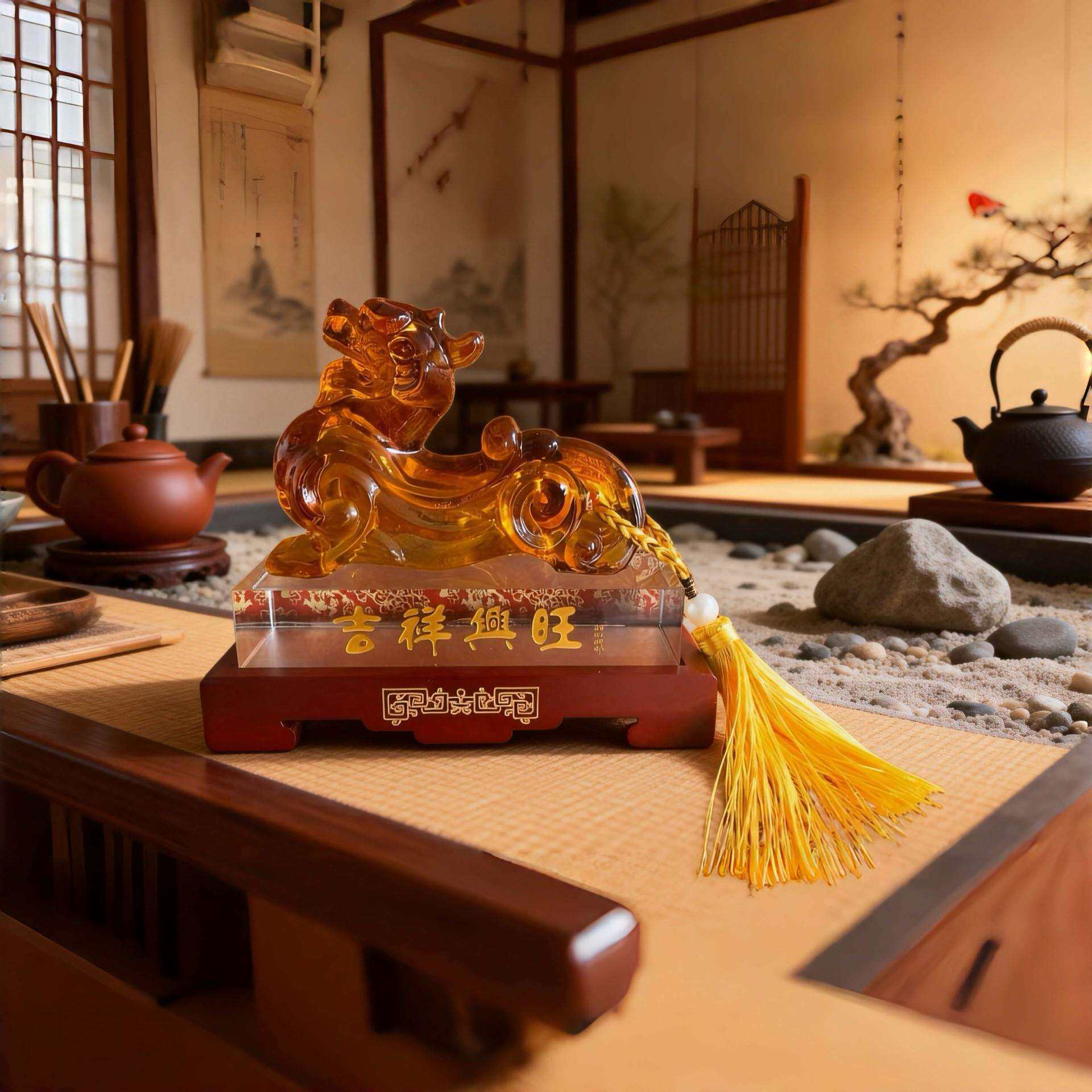 新款琉璃麒麟办公室摆件水晶工艺品琉璃客厅隔断装饰品水晶麒麟