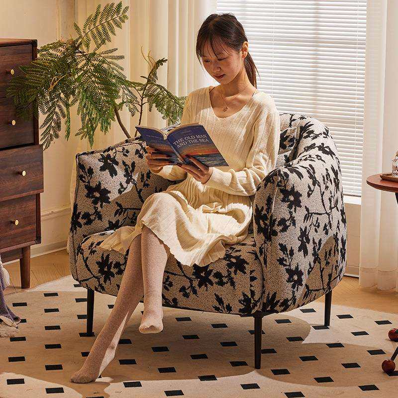 意式单人沙发复古简约老虎椅家用客厅阳台棉麻布艺休闲接待沙发椅