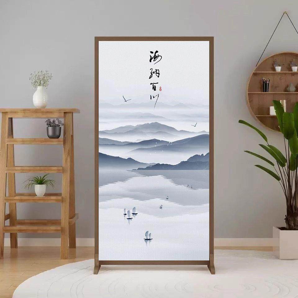新中式简约现代隔断入户布艺遮挡客厅木质屏风玄关装饰移动座屏