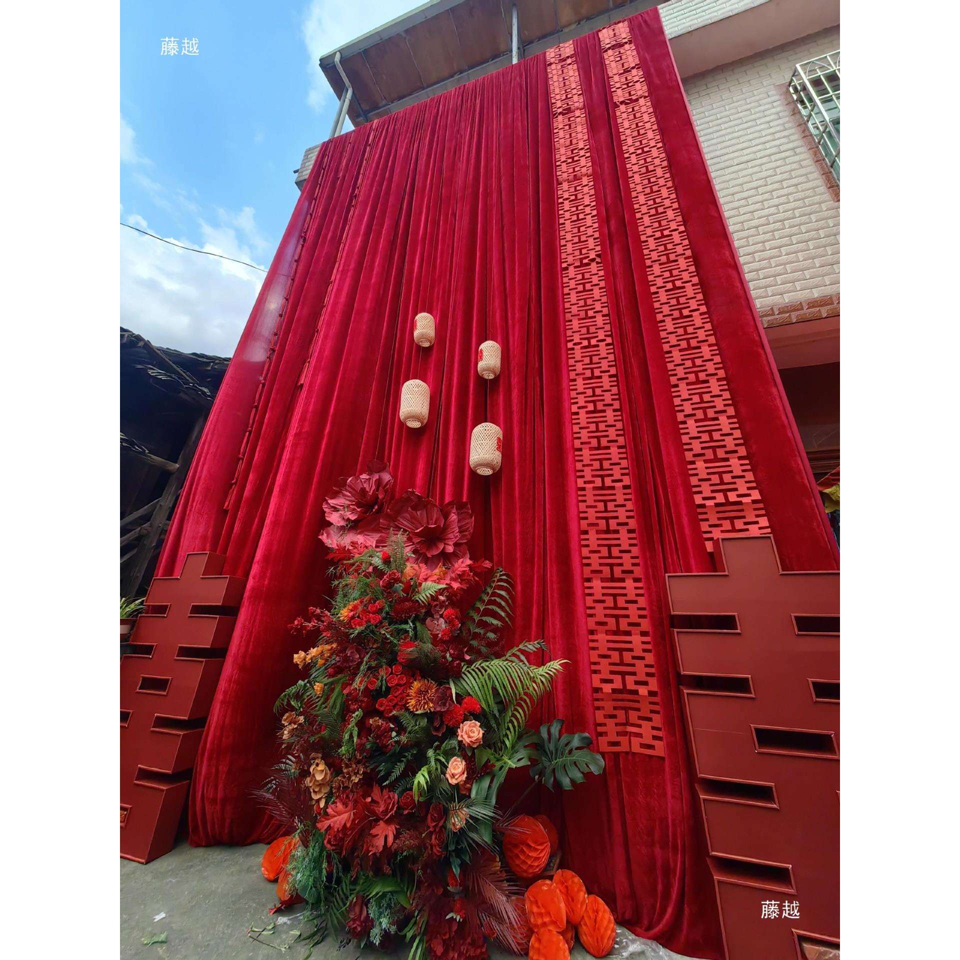 婚庆背景布幔挑高酒红色金丝绒加密农村婚礼结婚院子布置装饰