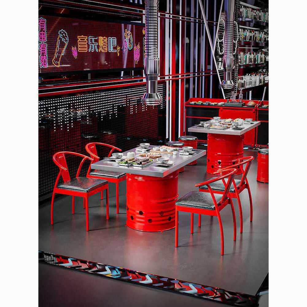 美式不锈钢炭火烤肉桌网红火锅店烧烤店铁艺餐桌油桶桌椅组合一体