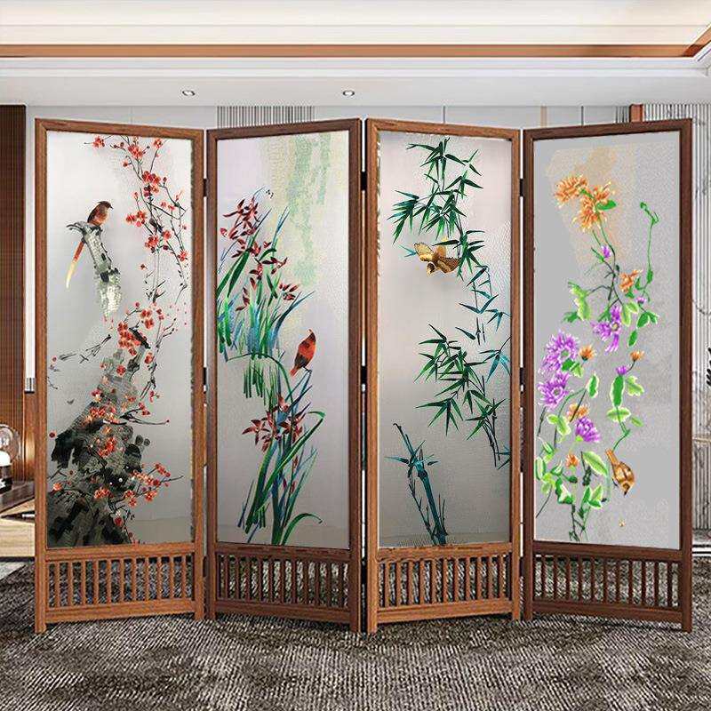半透明纱布真丝绢单面刺绣双面刺绣屏风玄关画心梅兰竹菊四联折屏