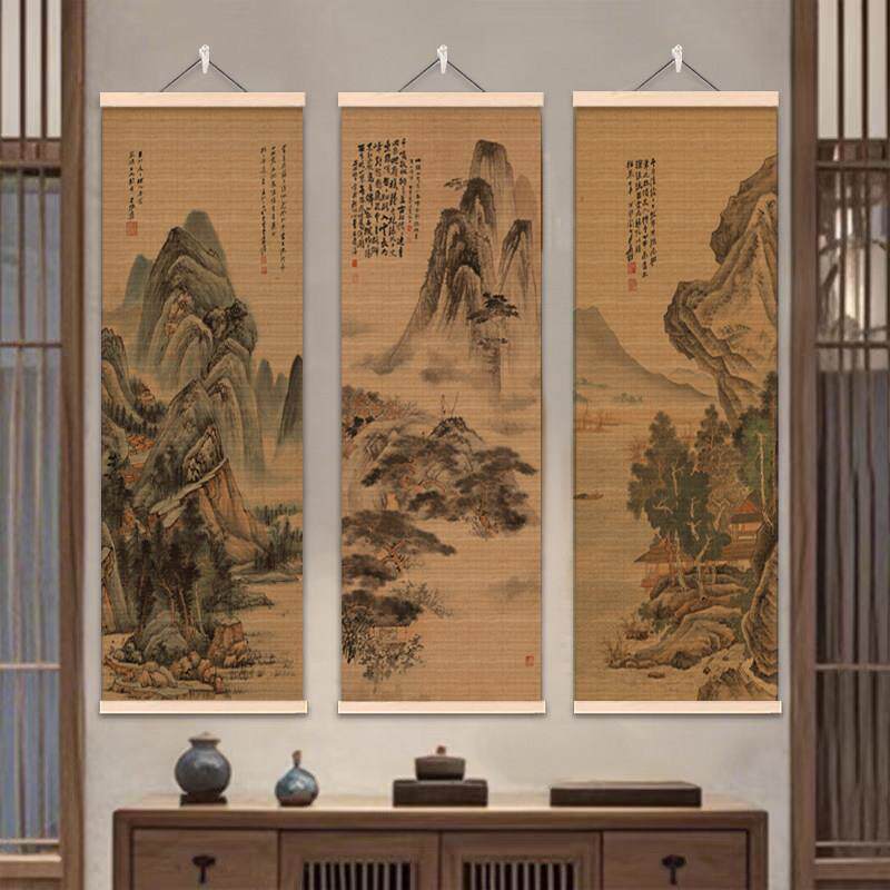 新中式竹帘挂画复古禅意装饰挂帘茶室背景遮挡帘子屏风入户卷轴画