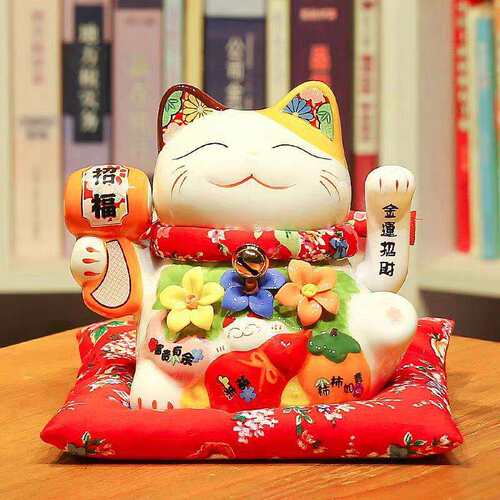 招财猫吉祥物陶瓷桌面摆件收银台店铺开业家居客厅公室花开富贵