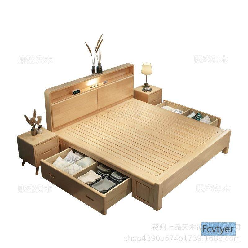 速晓钦小户型主卧双人床米储物箱体北欧全实木床单人床原木现代简