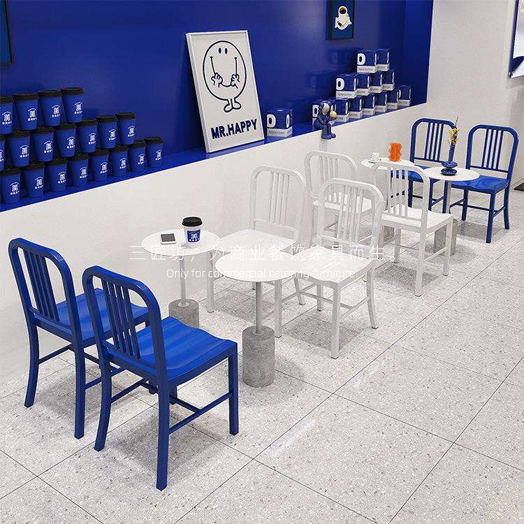 甜品奶茶店商用凳子网红克莱因蓝水泥底白色小圆桌咖啡厅桌椅组合