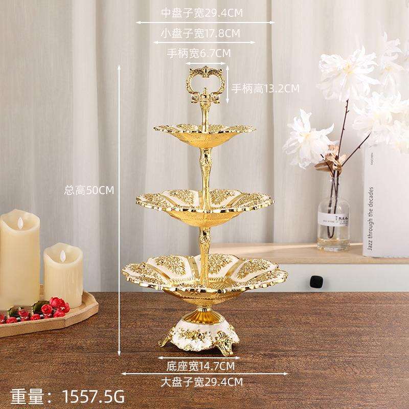 轻奢白金色三层手提果盘 欧式桌面两层装饰果盘 手提果盘工艺品