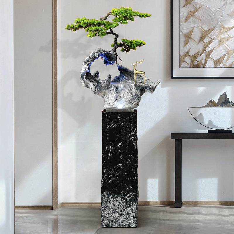 仿玉迎客松落地盆景流水加湿器现代家居客厅样板房售楼部简约摆件