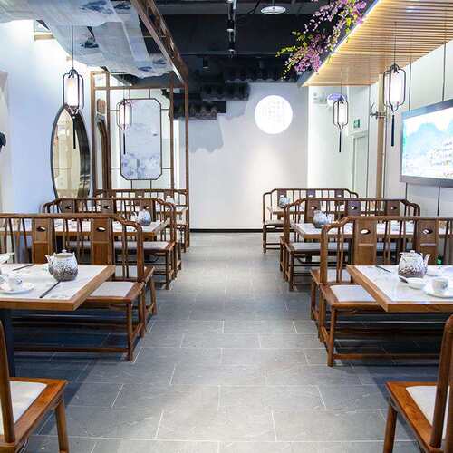 大理石实木火锅桌椅组合中式餐饮饭店中国风复古主题餐厅家具
