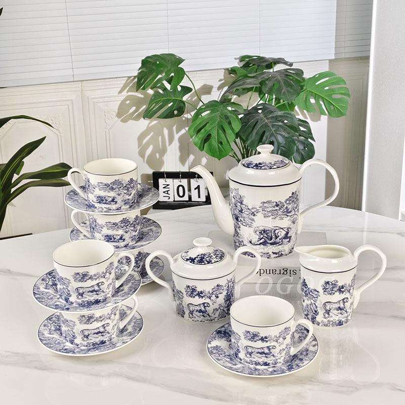 欧格骨瓷咖啡具迪家蓝老虎15件咖啡具套大容量茶壶杯碟奶壶糖罐