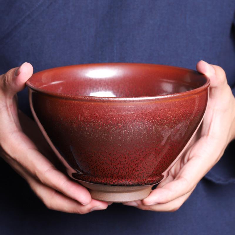建阳红鹧鸪建盏点茶大号碗家用茶洗福建窑束口黑釉天目茶杯