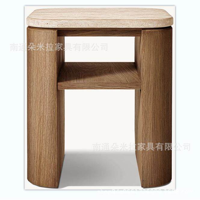 RH美式乡村别墅客厅实木茶几边几桌面采用大理石设计