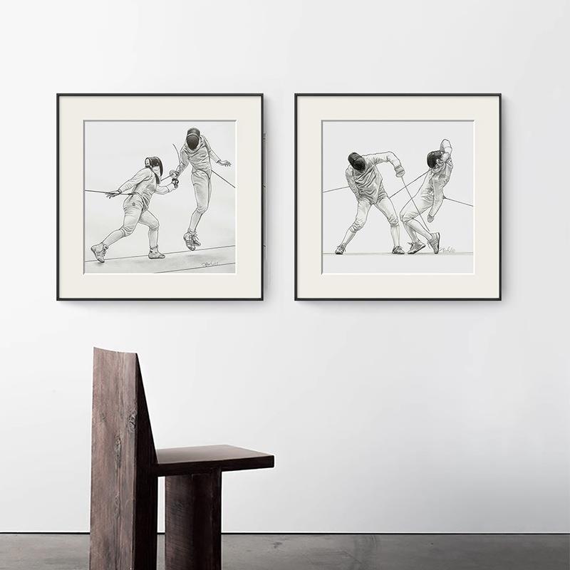 击剑运动现代黑白简笔画双联书房装饰画小众客厅挂画个性卡纸壁画