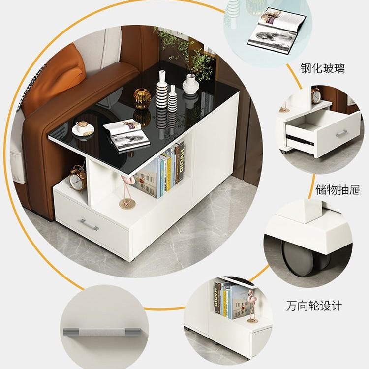 客厅移动沙发边柜储物柜边几可移动轻奢钢化玻璃小茶几带轮小茶桌