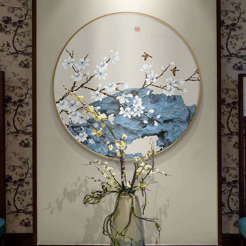 新中式圆形装饰画花鸟大气玄关挂画茶室书房壁画餐厅禅意风景墙画
