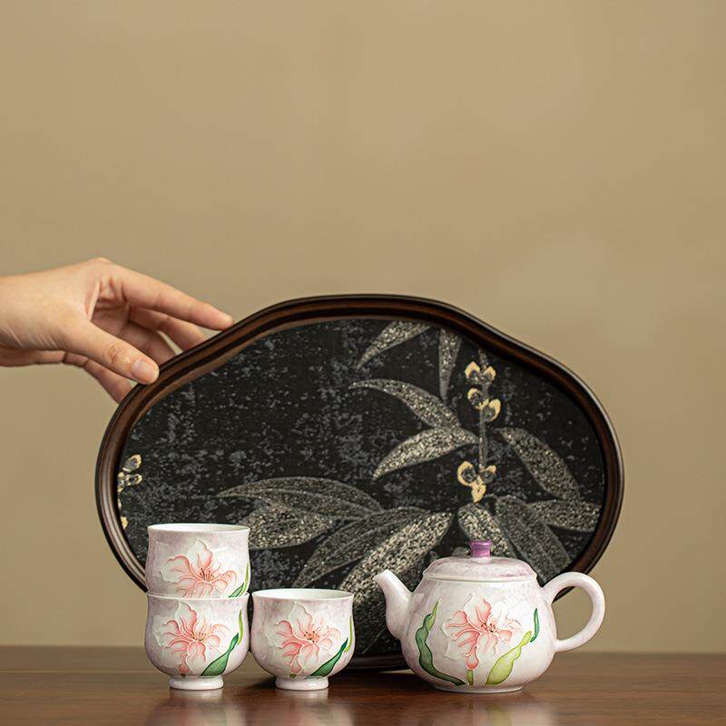 景德镇朦紫纯手绘百合茶壶德钟壶茶盘品茗杯茶盘干泡盘陶瓷茶具套